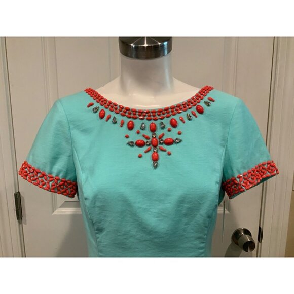 Lilly Pulitzer Nora Aqua Blue Coral Beaded Sheath Dress Size 4 - Picture 2 of 8